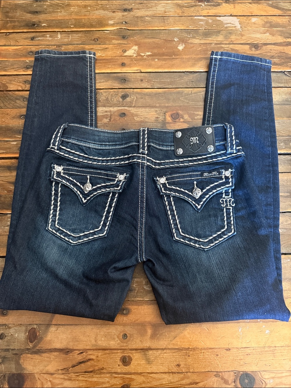 Miss Me Women's Dark Indigo Skinny Jeans with White Contrast Stitching